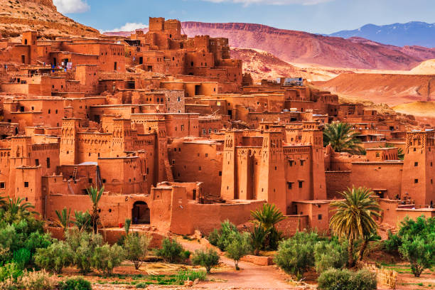 Dramatic High Atlas Mountains kasbah fortress with terracotta architecture